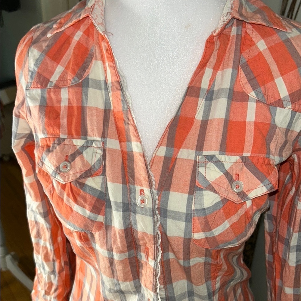 love, Fire Vibrant Orange and Gray Plaid Shirt - Picture 5 of 11